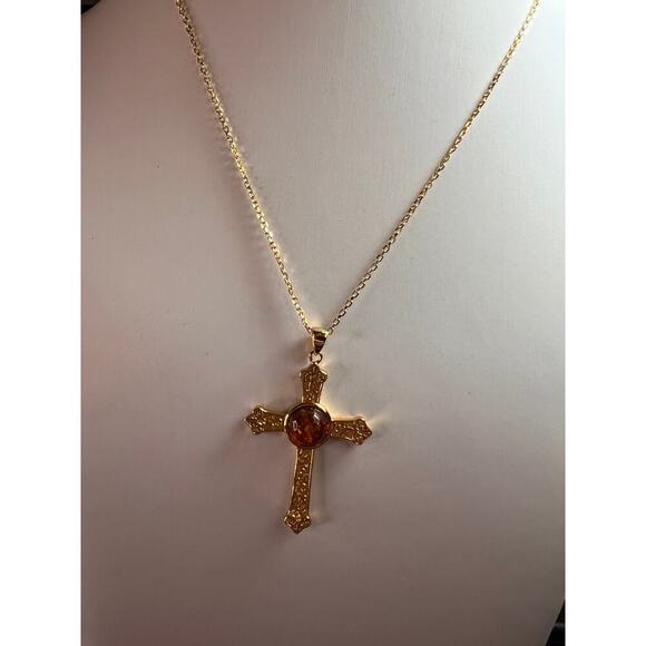 NEW Baltic Amber cross pendant in gold over sterling silver - Picture 3 of 16